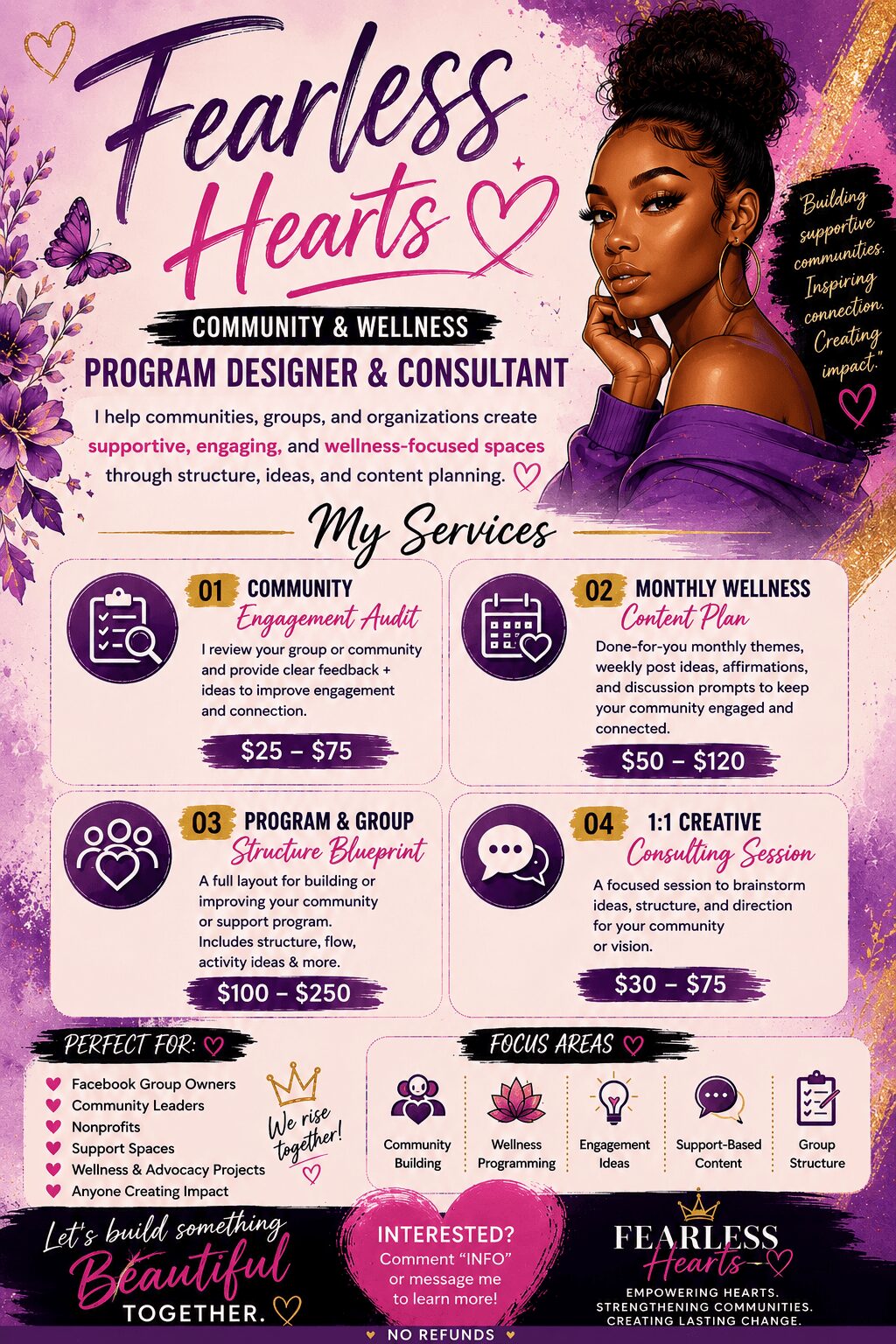 Flyer with purple and pink colors promoting community wellness programs, services, and contact information, featuring a woman with braided hair and purple clothing.