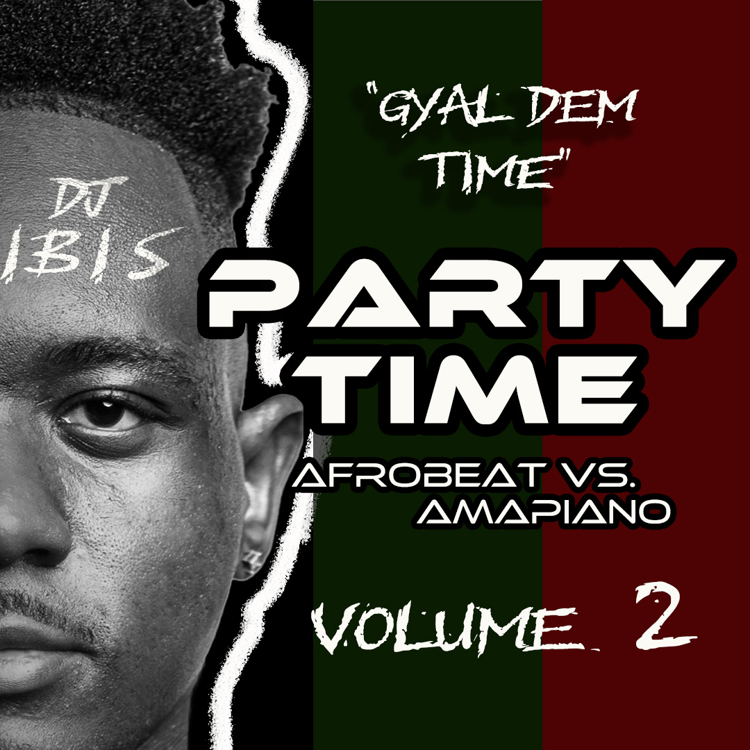 Close-up of a person's face with text about a music event, Afrobeat vs. Amapiano, volume 2, against a green and red background.