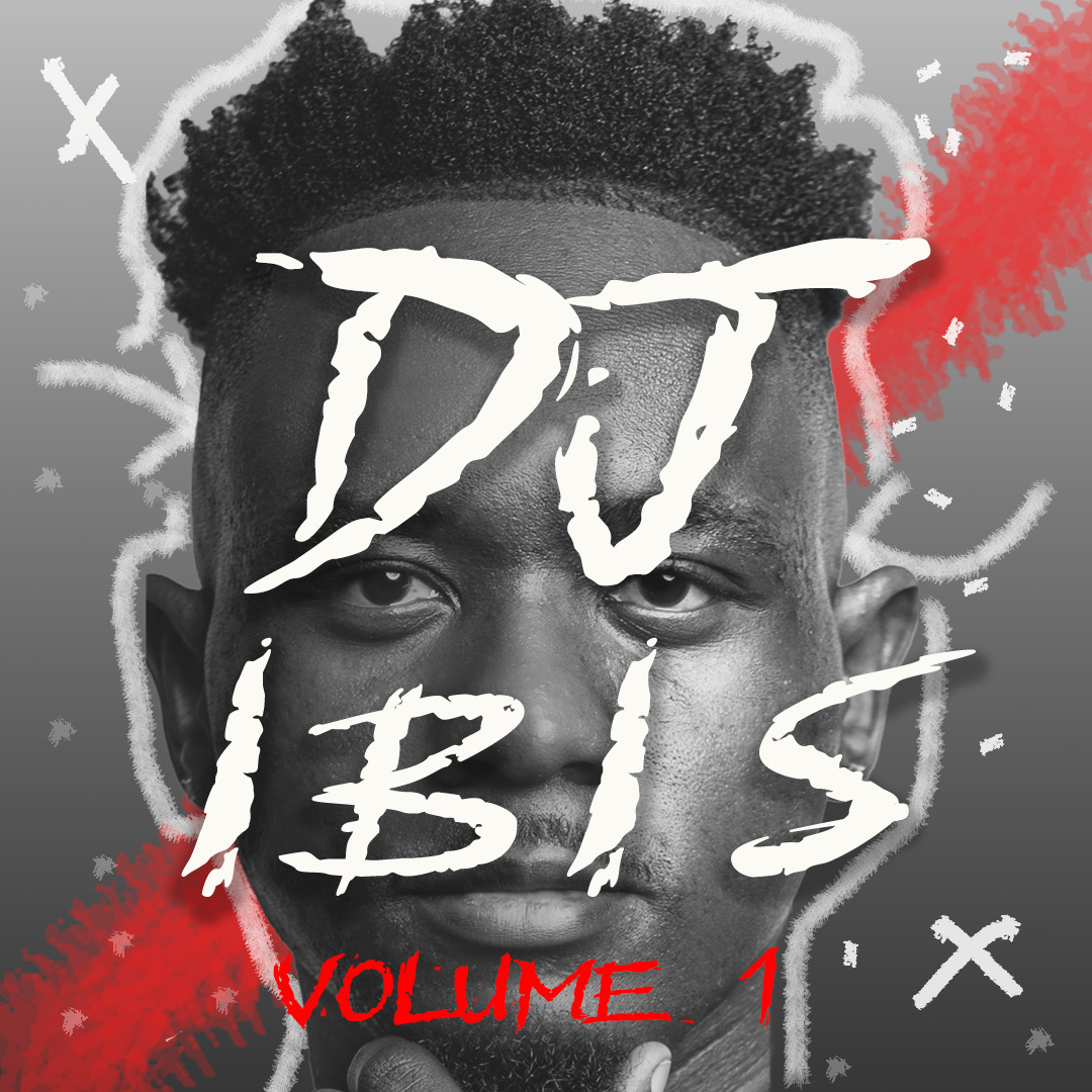 Black and white portrait of a person with text overlay, red and white accents, and abstract background elements.