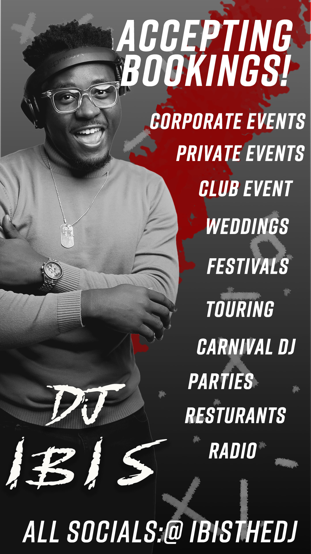 Smiling man with glasses and jewelry, advertising DJ IBIS for events and social media.