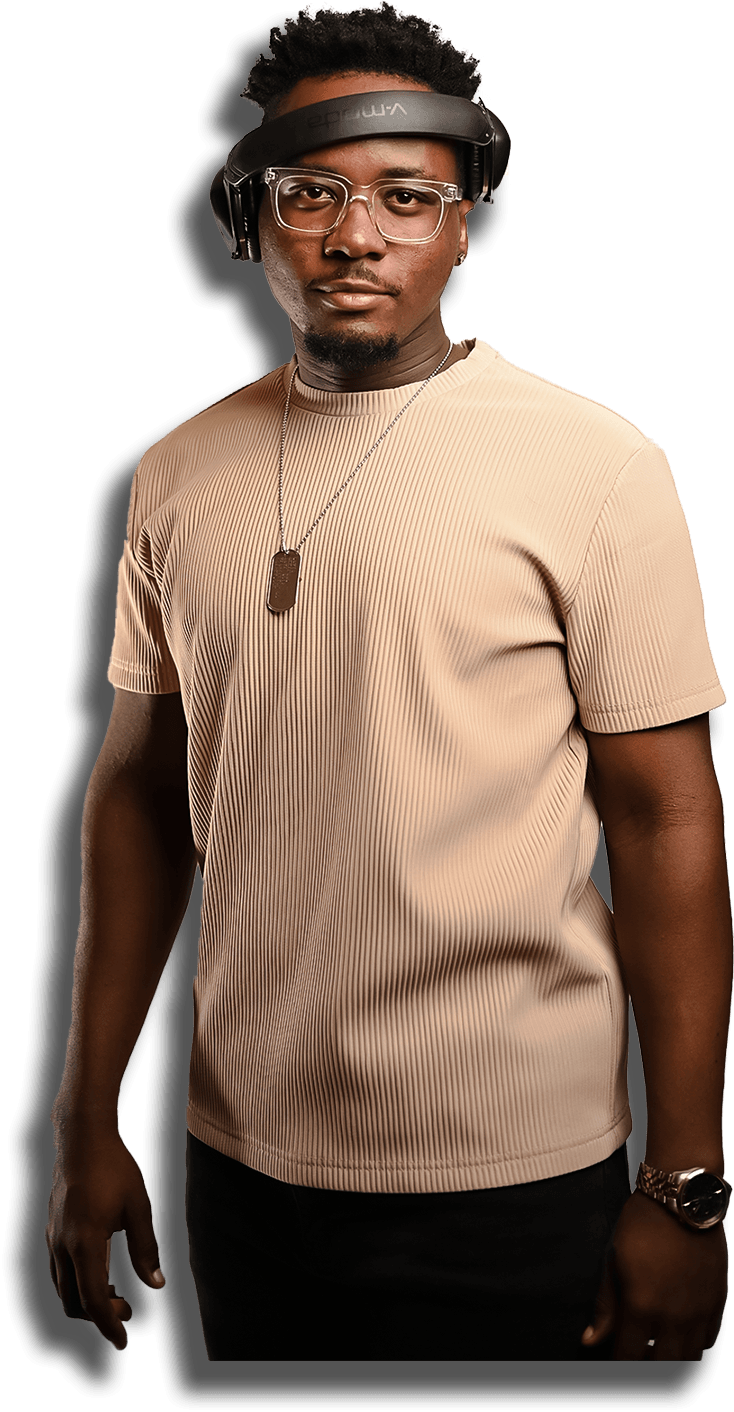 Portrait of a young man with glasses, wearing a beige t-shirt, necklace, and headband, against a black background.
