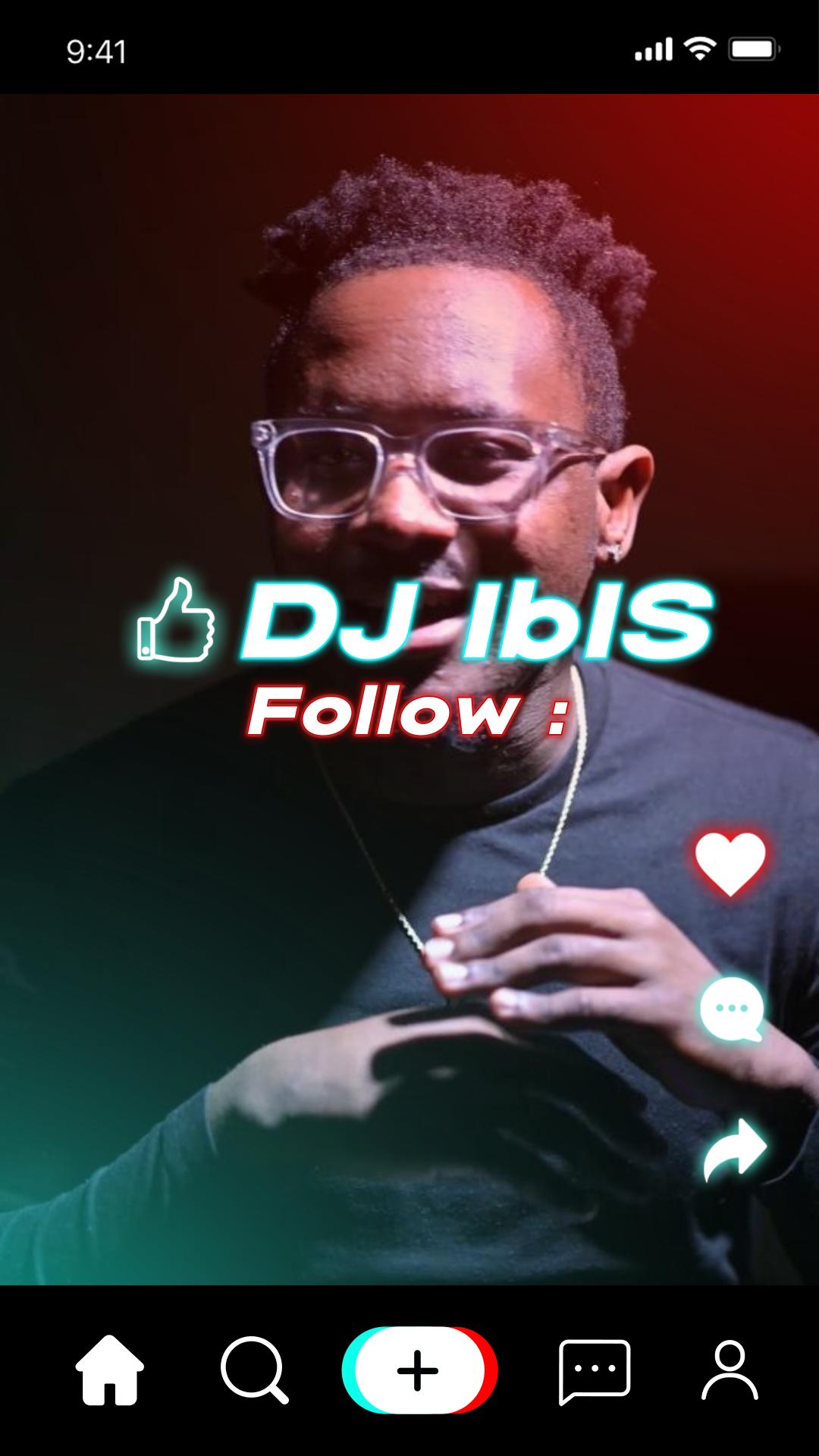 Person with glasses and short hair, holding a microphone, with neon text and a heart icon on a dark background.