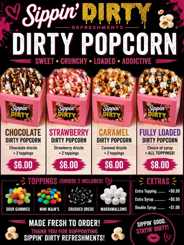 Four popcorn boxes with toppings, colorful packaging, and a black background with pink and yellow text, advertising flavored popcorn.