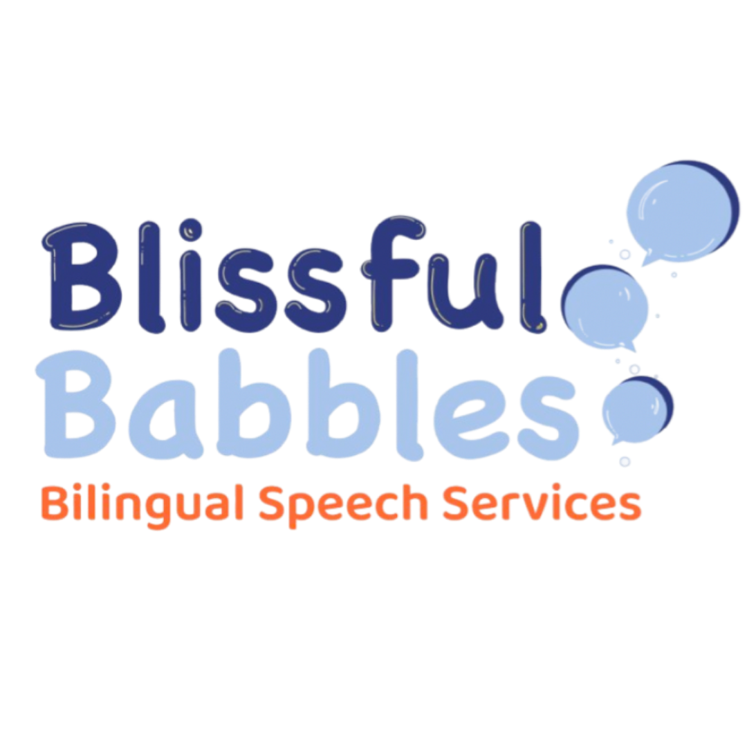 Text logo with bubbles reading 'Blissful Babbles Bilingual Speech Services' on a black background.