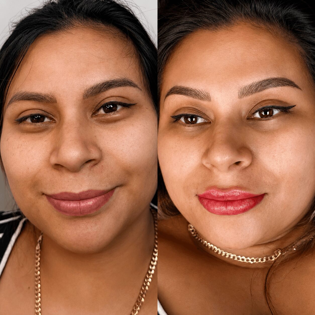 Side-by-side images of a woman with makeup, showing before and after looks, smiling with a gold chain necklace.