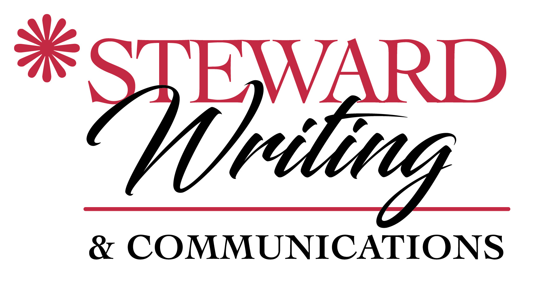Logo with red flower, text 'STEWARD' in red, 'Writing' in black cursive, and '& COMMUNICATIONS' in black.