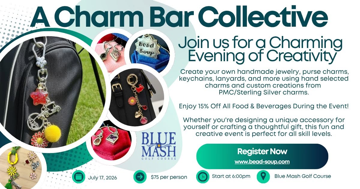 Advertisement for A Charm Bar Collective event with jewelry images and event details, including date and registration info.