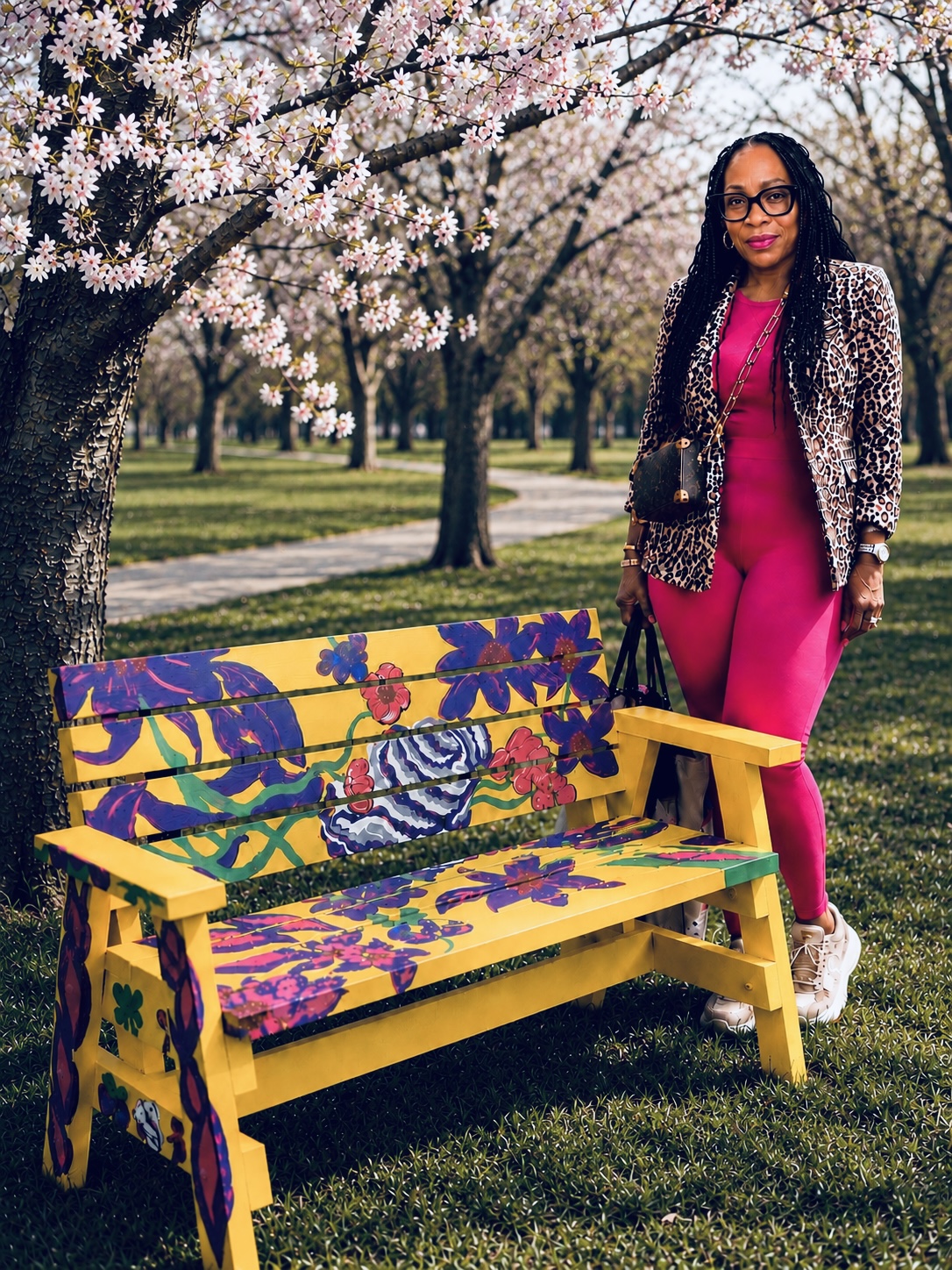 Woman in pink jumpsuit and leopard jacket standing next to a colorful painted bench under blooming cherry trees in a park.