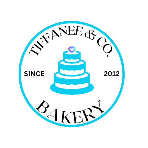 Logo with a three-tiered cake, text 'Tiffanee & Co. Bakery', and 'Since 2012' inside a blue circle.