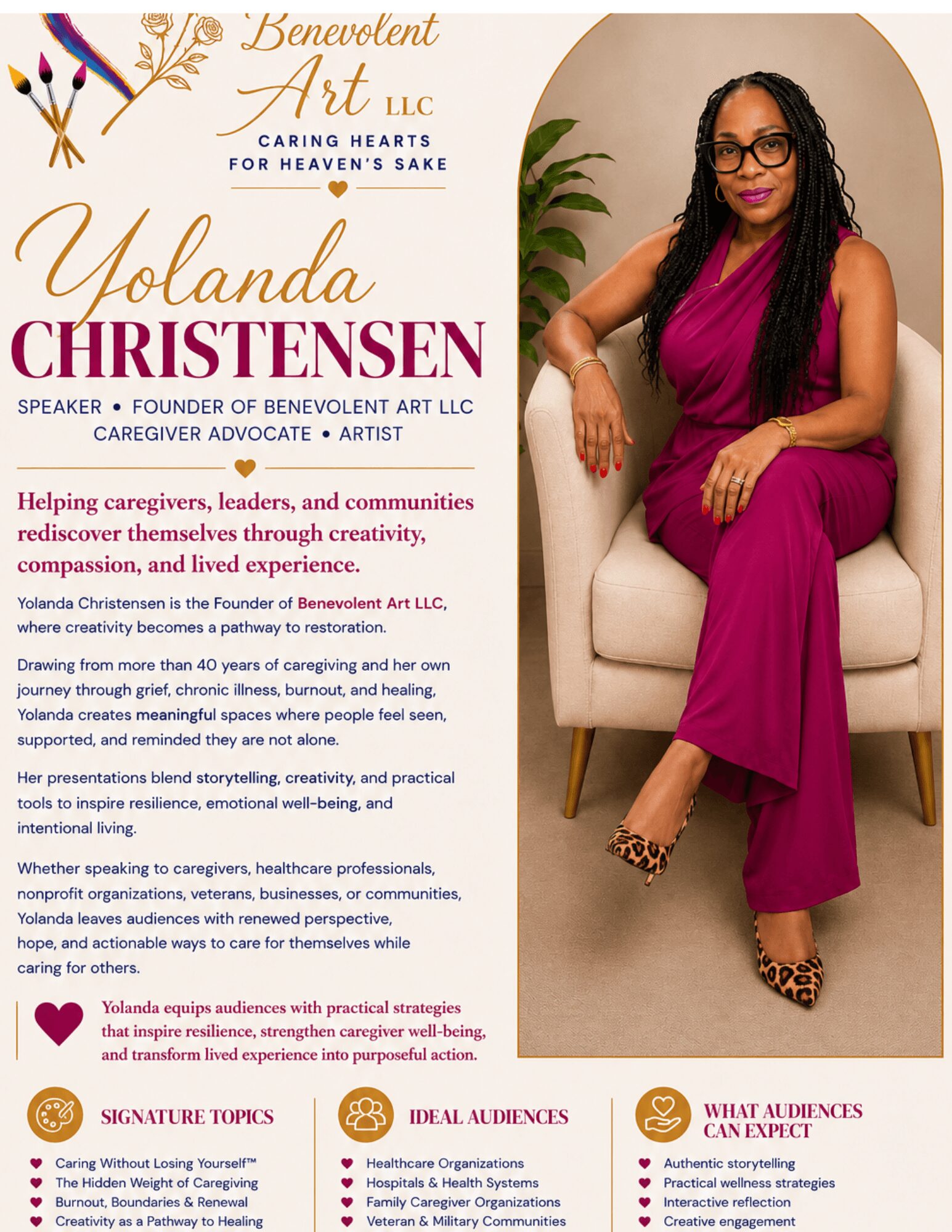 Woman in pink dress and glasses sitting on a chair with a plant behind her, promoting caregiving and advocacy. Word cloud below.