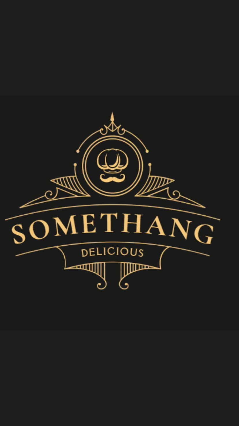 Logo with a crown, mustache, and glasses, featuring the text 'SOMETHANG DELICIOUS' in gold on a black background.