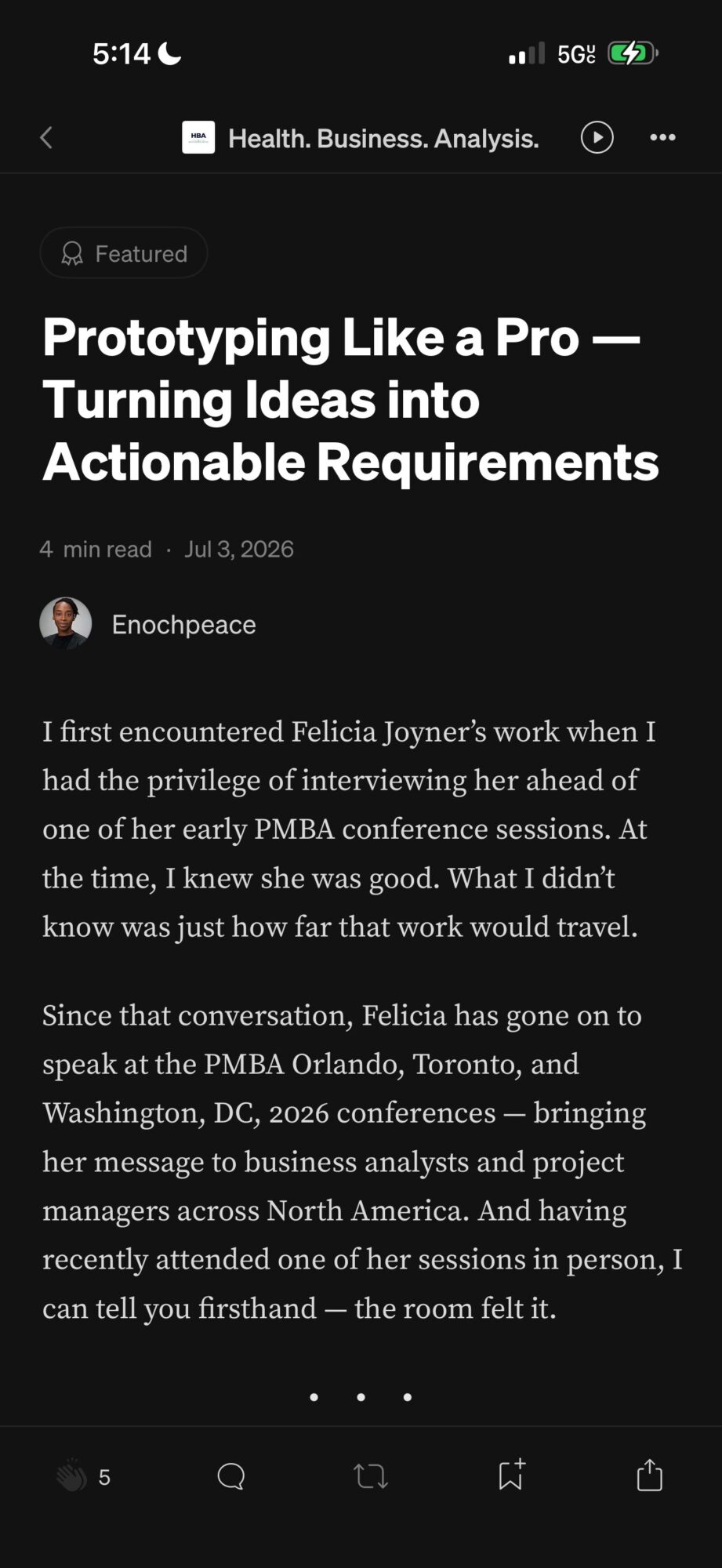 Screenshot of an article titled 'Prototyping Like a Pro — Turning Ideas into Actionable Requirements' with a publication date of April 3, 2020.