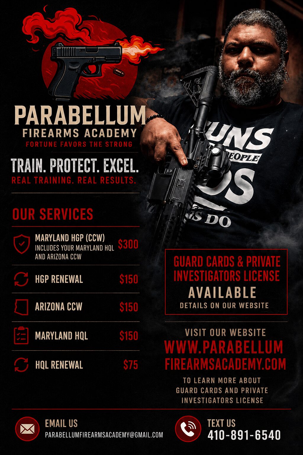 Man holding a firearm with text about firearms training and services, logo of a gun with red smoke, website, and contact info.