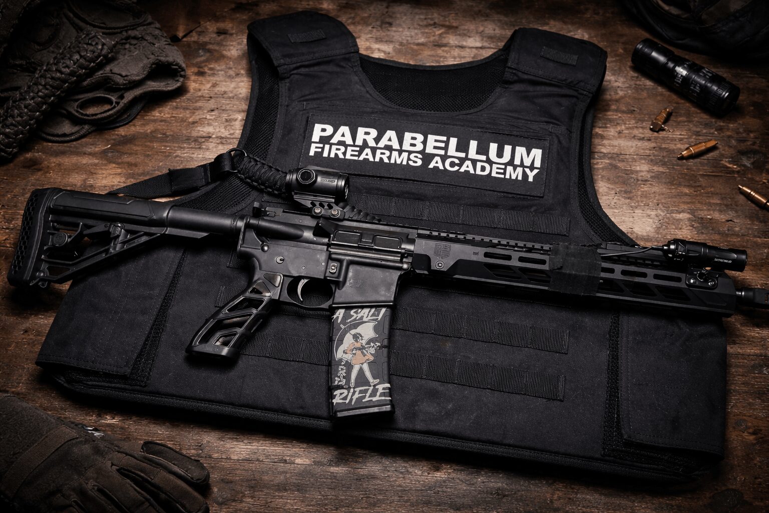 Black rifle with scope and accessories on a tactical vest labeled 'Parabellum Firearms Academy' on a wooden surface.