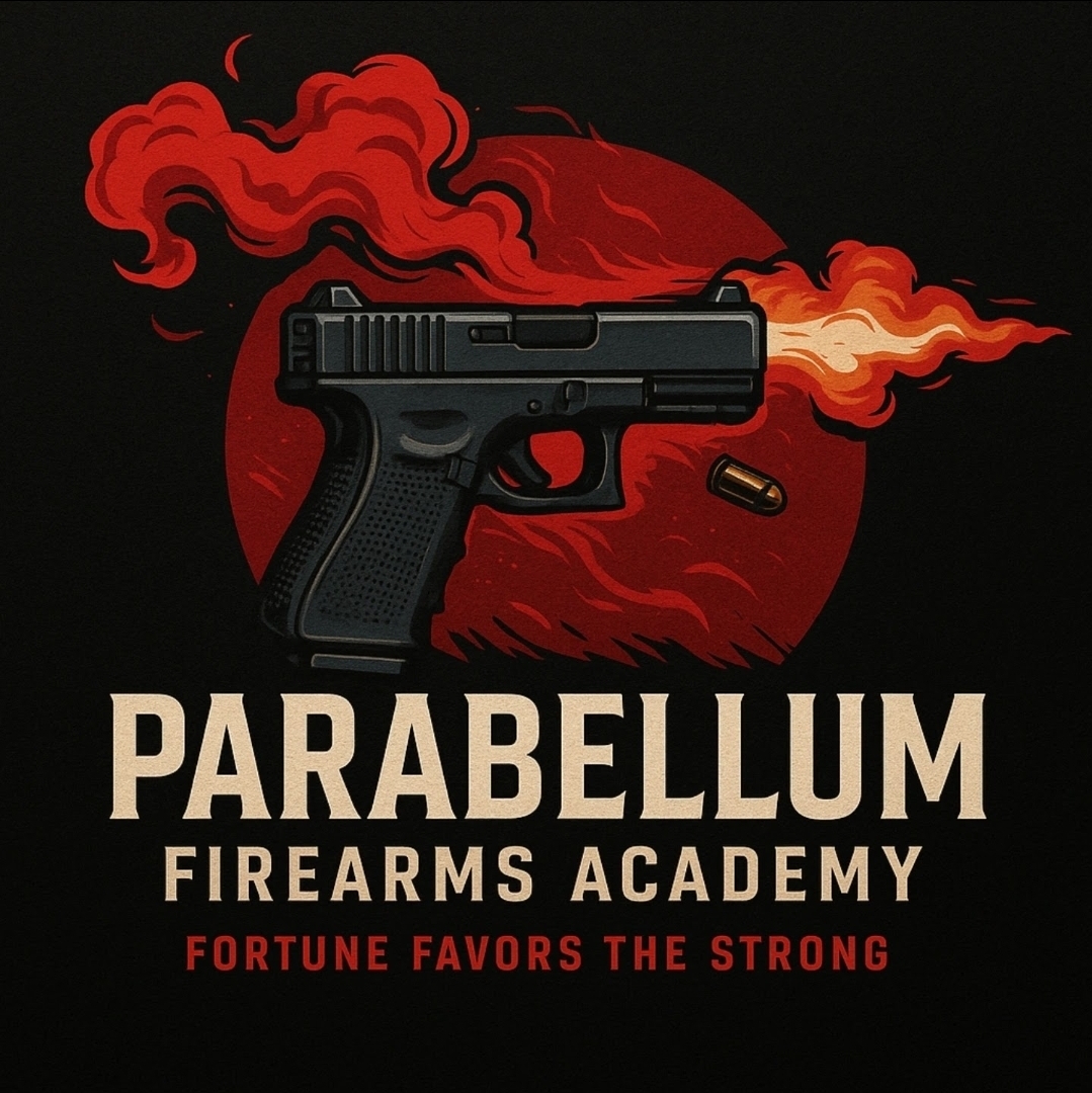 A pistol with a flame coming out of the barrel, set against a red circle background, with text about Parabellum Firearms Academy.