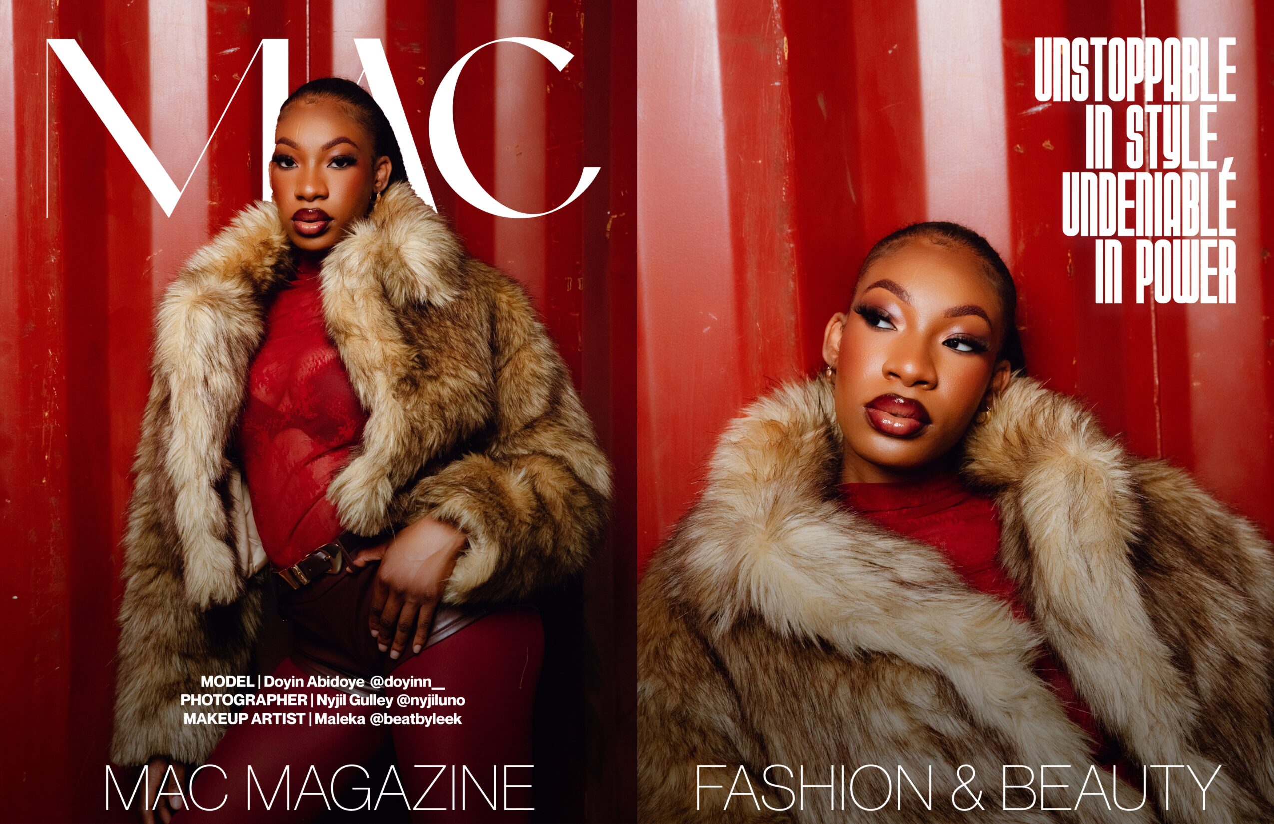 Two women in fur coats and red outfits pose against a red background, with magazine text overlay.