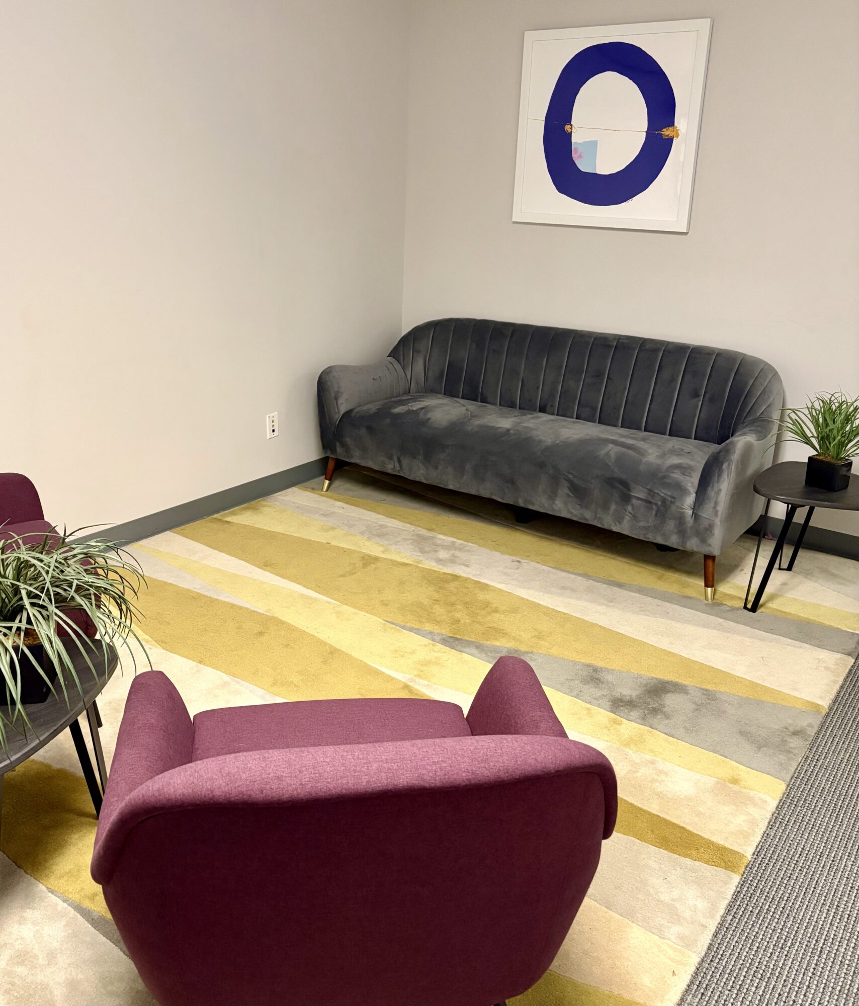 Living room with a gray velvet sofa, a purple armchair, a black side table with a plant, and a colorful striped rug.