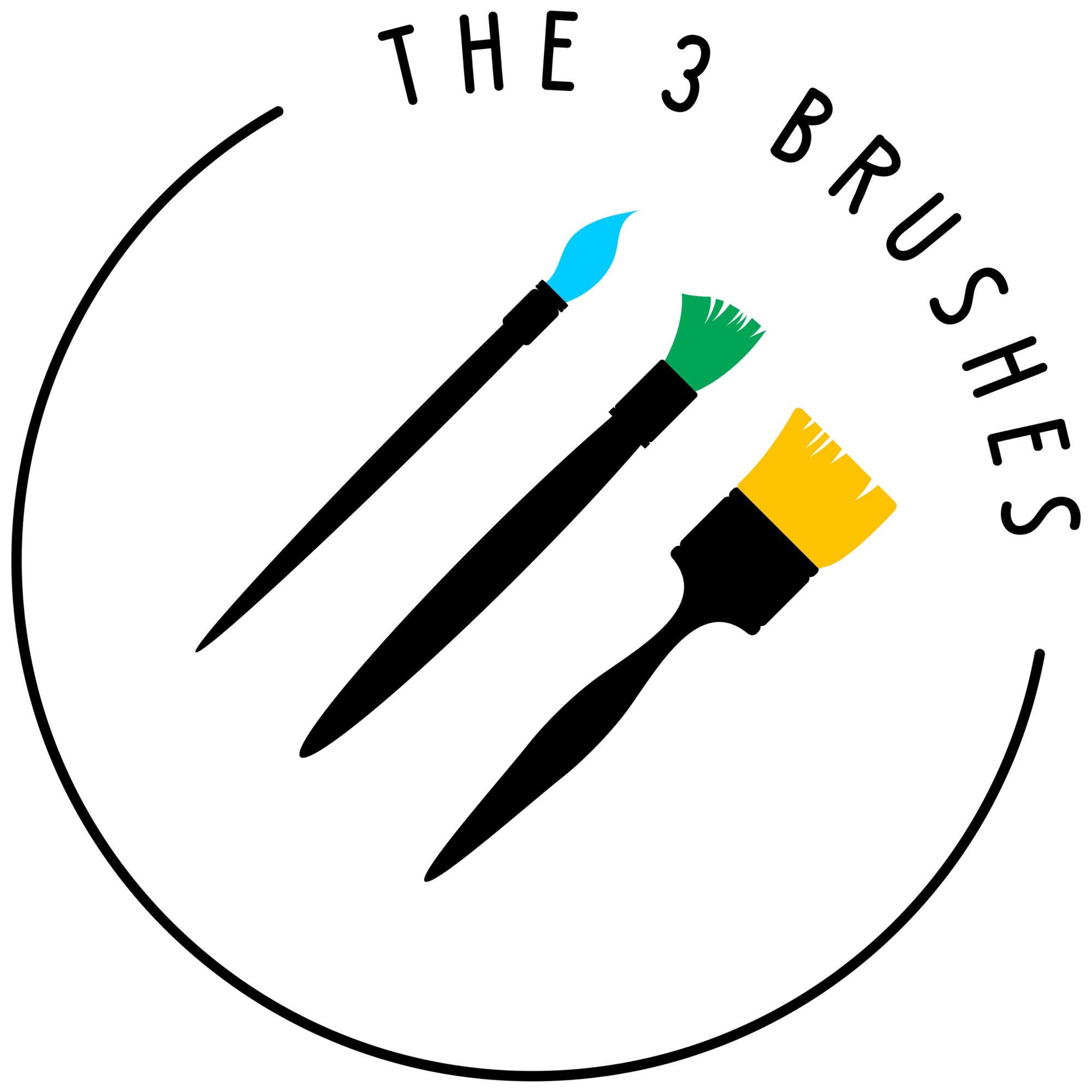 Three paintbrushes with different colored bristles arranged vertically, with text above reading 'The 3 Brushes'.
