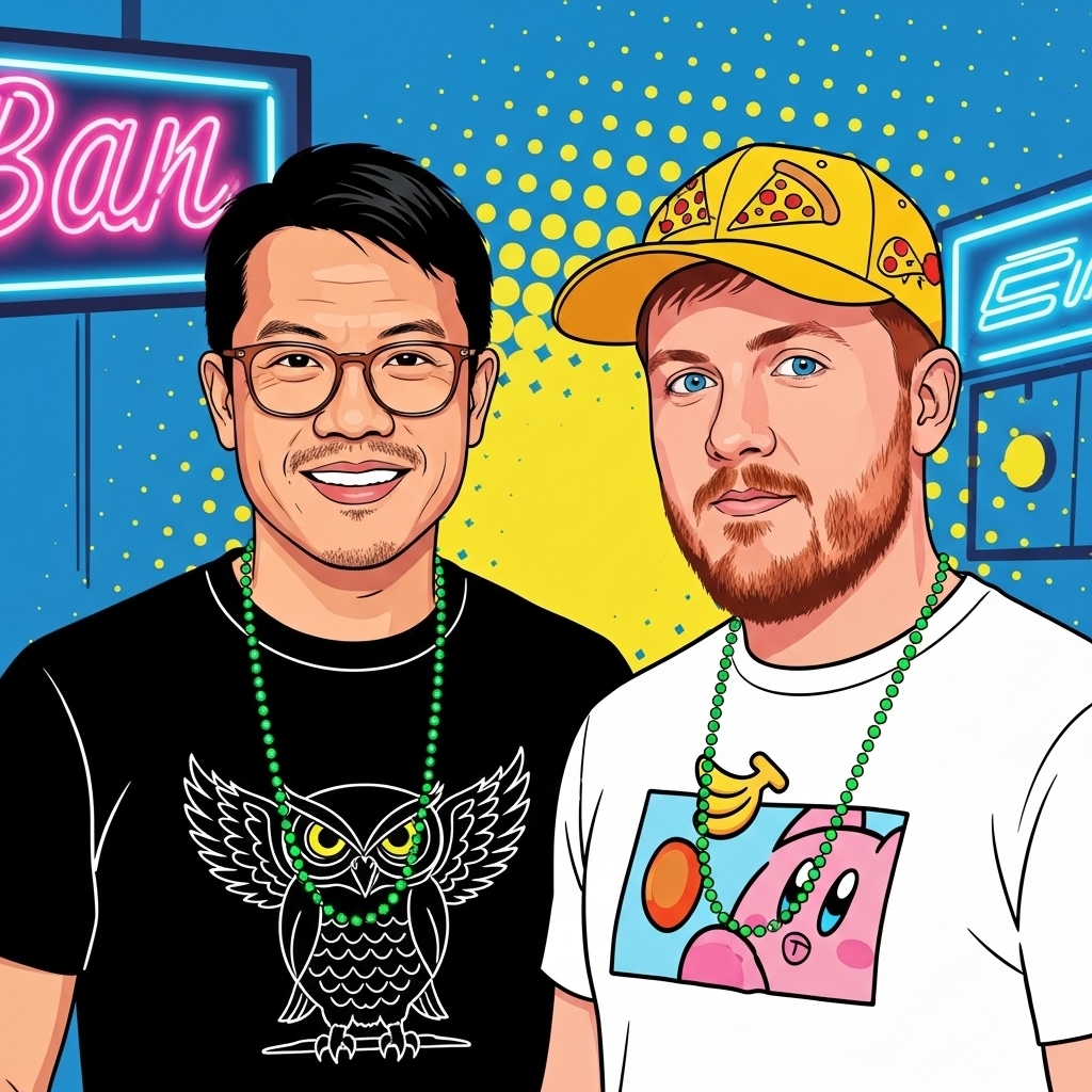 Two men stand side by side, smiling, with colorful neon signs in the background, one wearing glasses and a black shirt, the other a yellow cap and white shirt.
