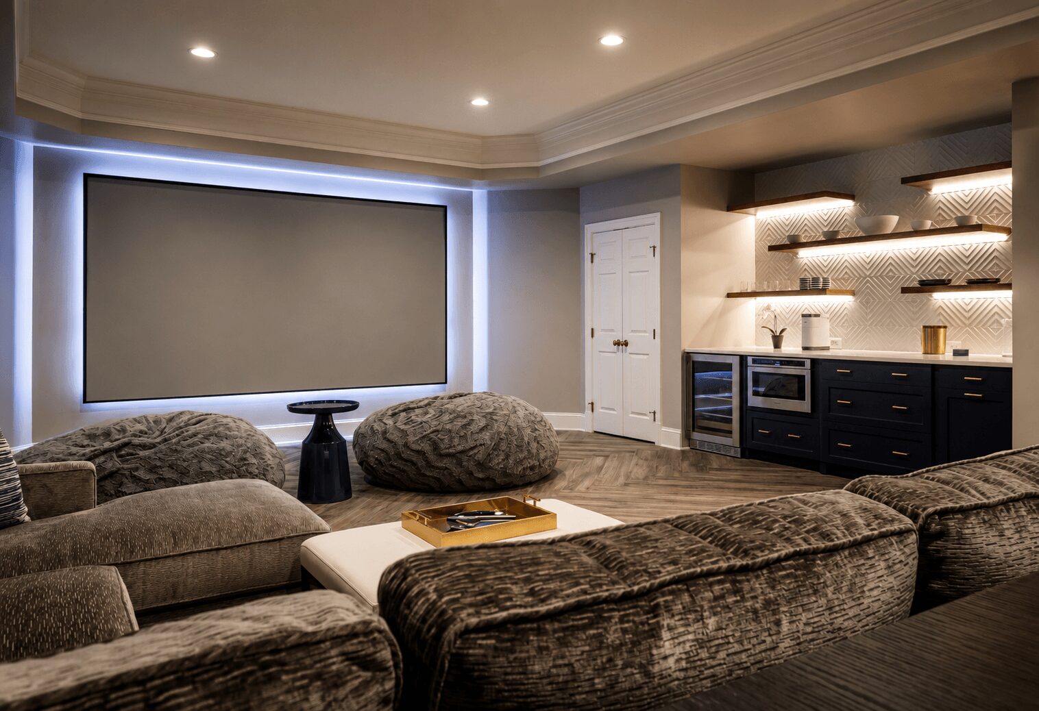Living room with large window, sectional sofa, coffee table, and built-in shelves with lighting.