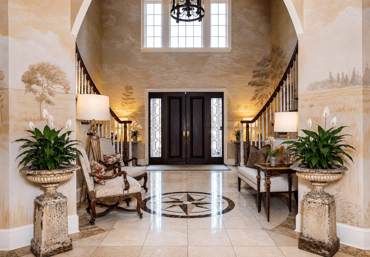 Elegant foyer with double doors, symmetrical seating, large potted plants, and wall murals, illuminated by natural light and wall lamps.