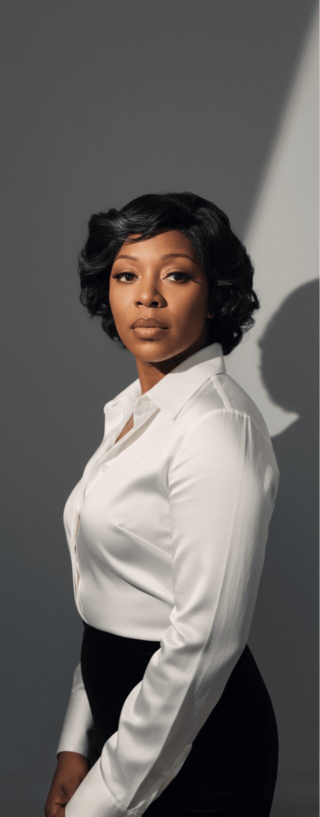 Woman with short black hair wearing a white blouse and black skirt, standing against a gray background.