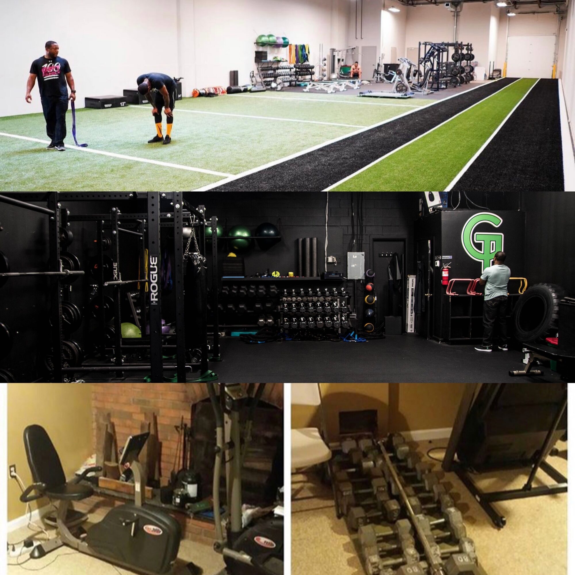 Indoor gym with turf track, weightlifting area, and cardio equipment. People are working out and preparing for exercise. Word 'G' visible on wall.