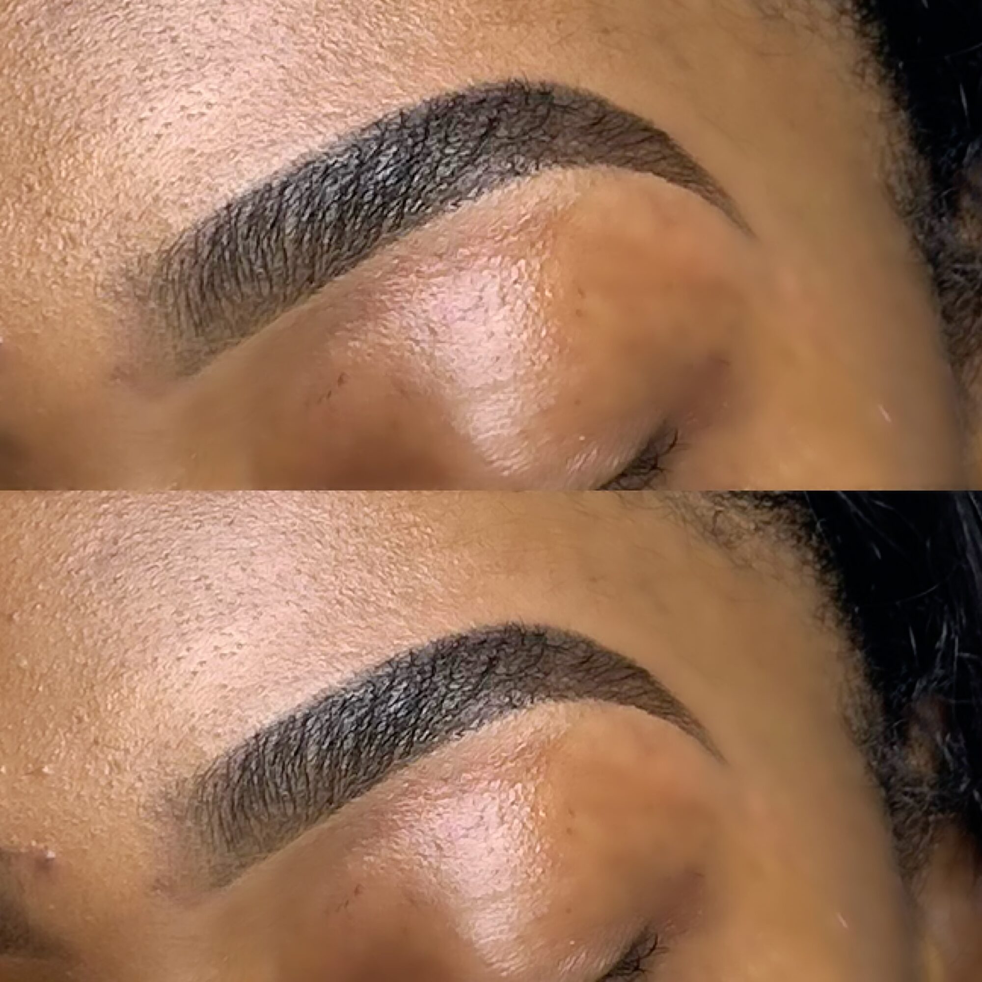 Close-up of a person's eyebrow and eye with makeup, skin appears smooth and well-groomed.