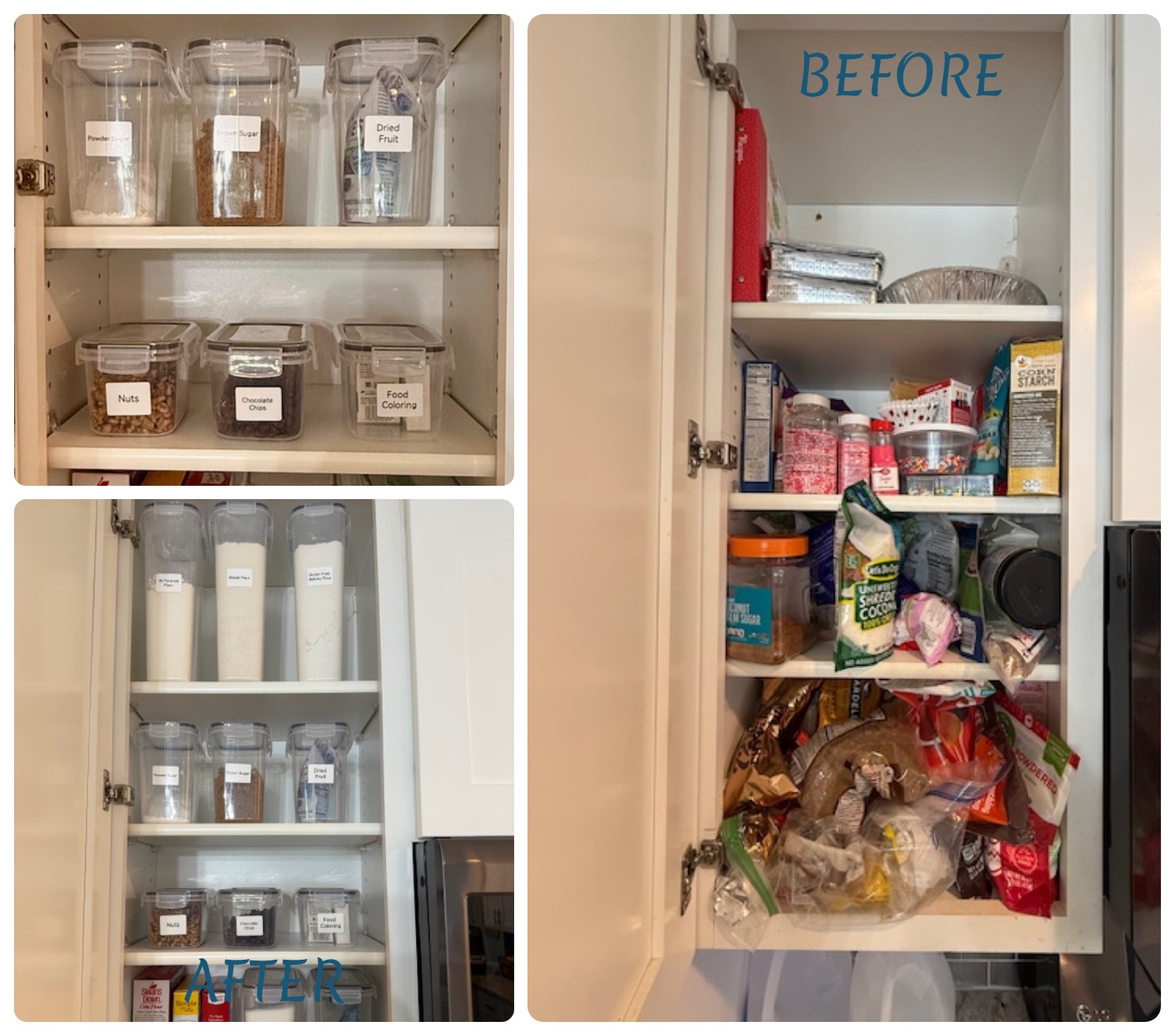 Three shelves with stored food items and containers, organized in a pantry or cabinet, with labels visible on jars and containers.