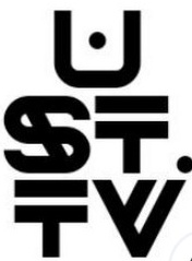 Black stylized text with a dot in the middle, arranged vertically, reading 'U S T V'.