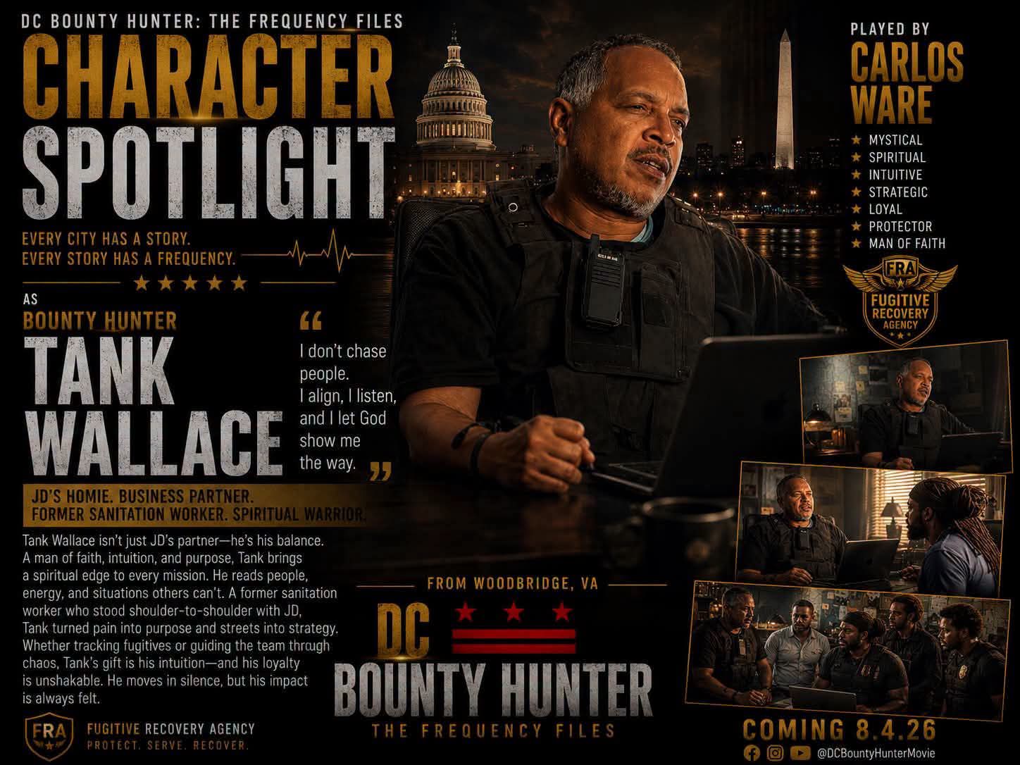 Man with a beard and glasses sitting at a desk with a cityscape background, promotional poster for Bounty Hunter series, multiple smaller images, text details.