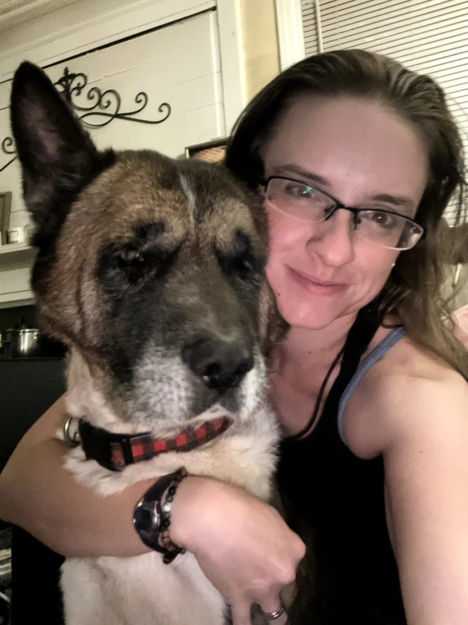 Woman with glasses smiling next to a large dog with a collar, indoors, background with window blinds and decorative wall piece.