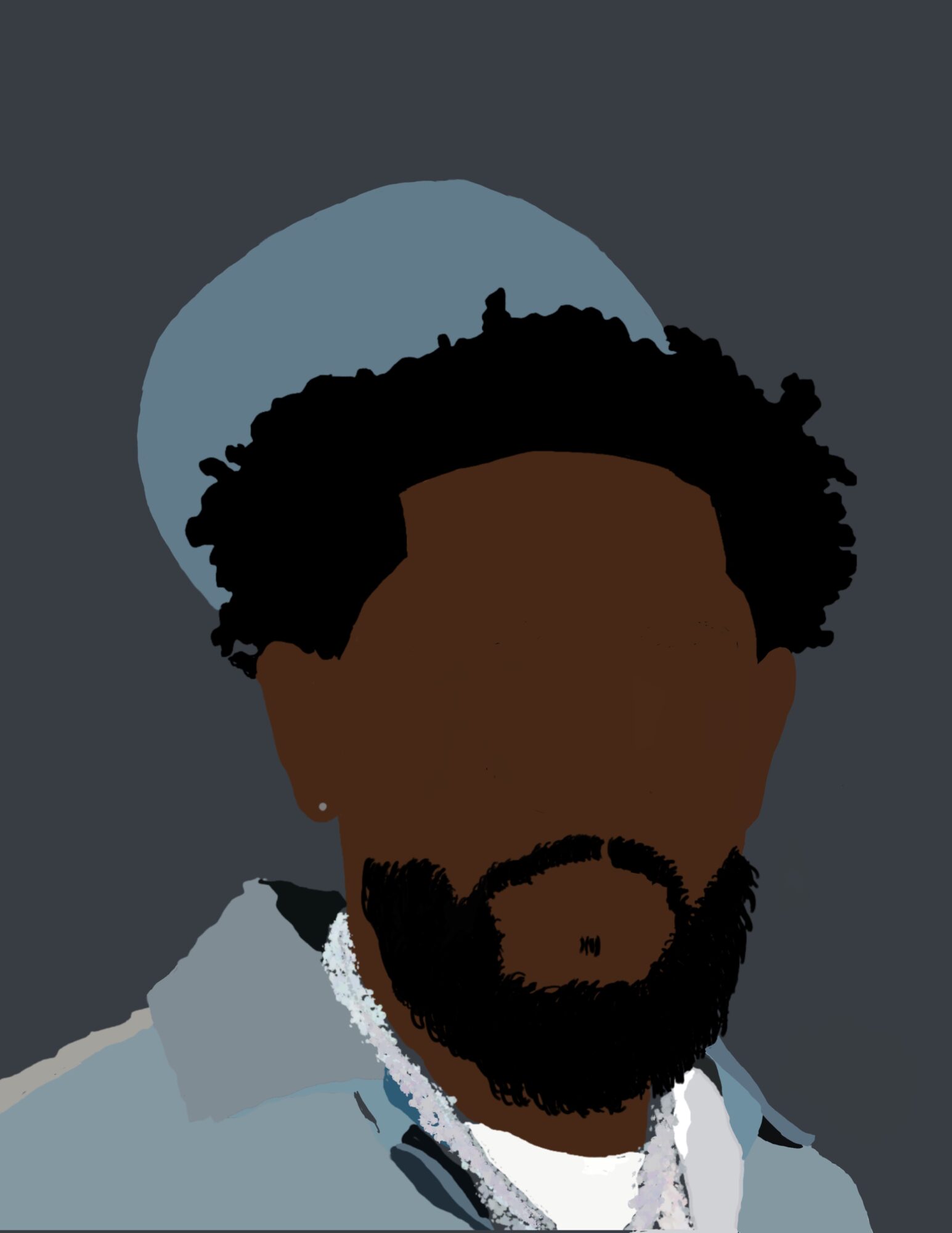 Person with dark skin, curly hair, and beard wearing a light-colored hat and shirt, against a dark background.