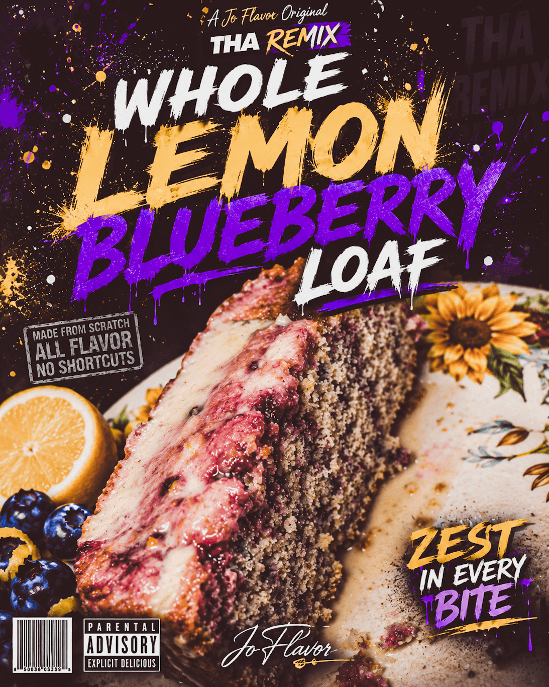 Slice of lemon blueberry loaf cake with blueberries and a sunflower, colorful text overlay, and a purple background.