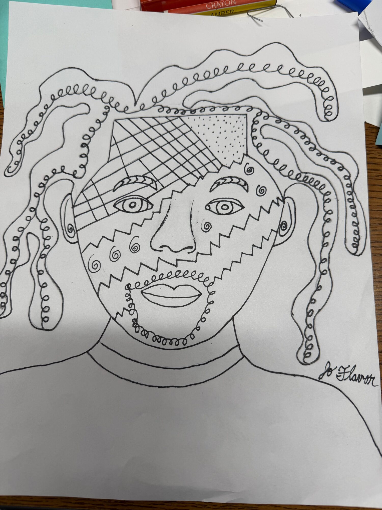 Line drawing of a face with curly hair, large eyes, and detailed features, on a white background.