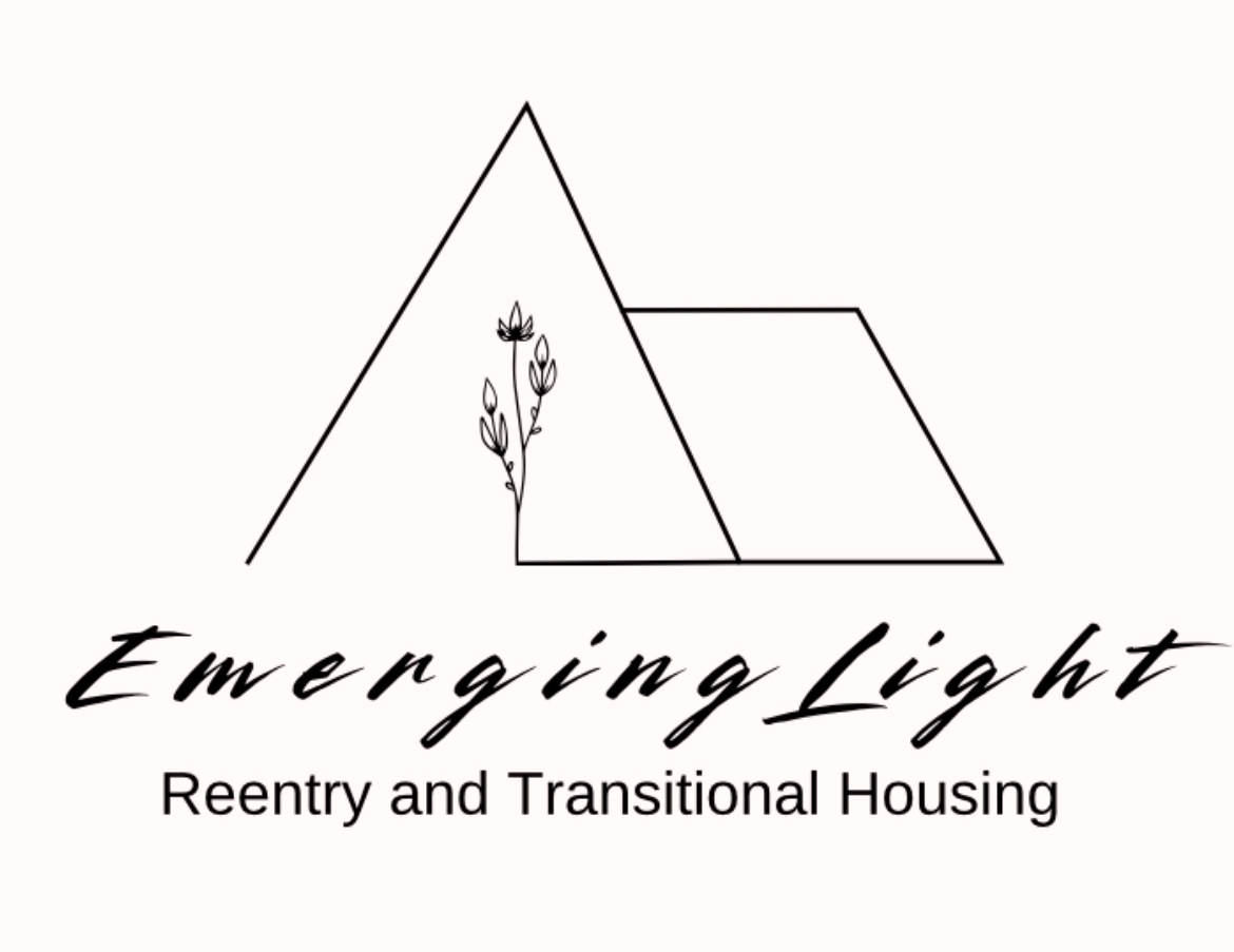 Logo with a flower, geometric shapes, and text reading 'Emerging Light' and 'Reentry and Transitional Housing'.