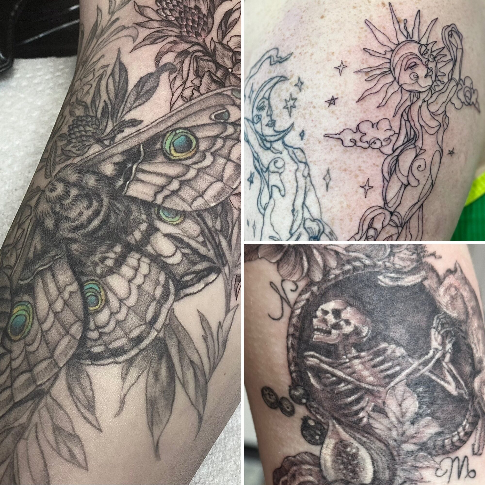 Three tattoos: a detailed bee and moth on skin, a whimsical moon and sun with a face, and a skull with flowers.