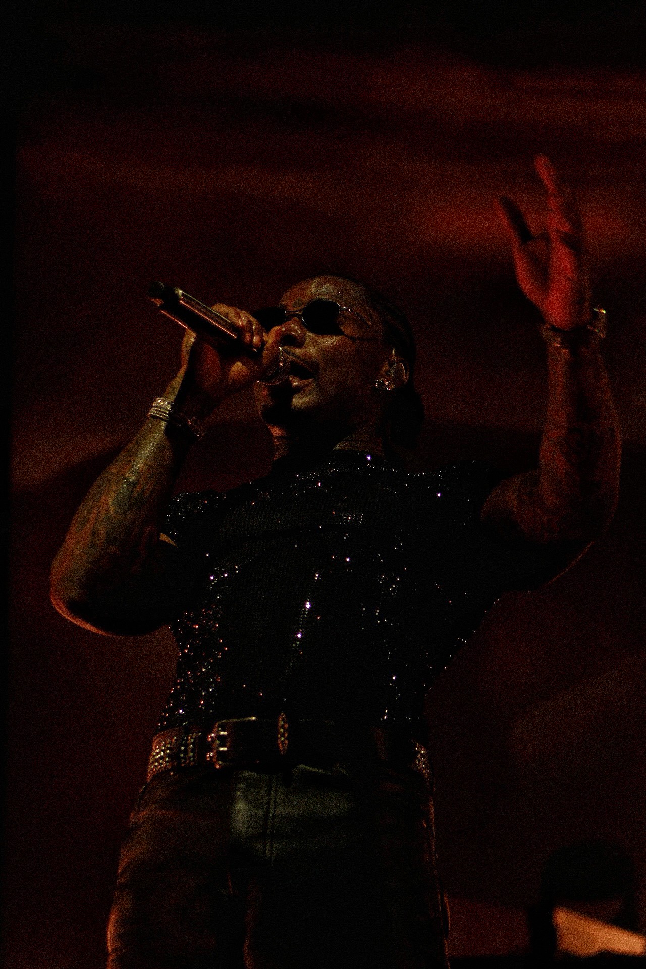Performer singing into microphone with one hand raised, wearing sunglasses and dark clothing, stage lighting in background.