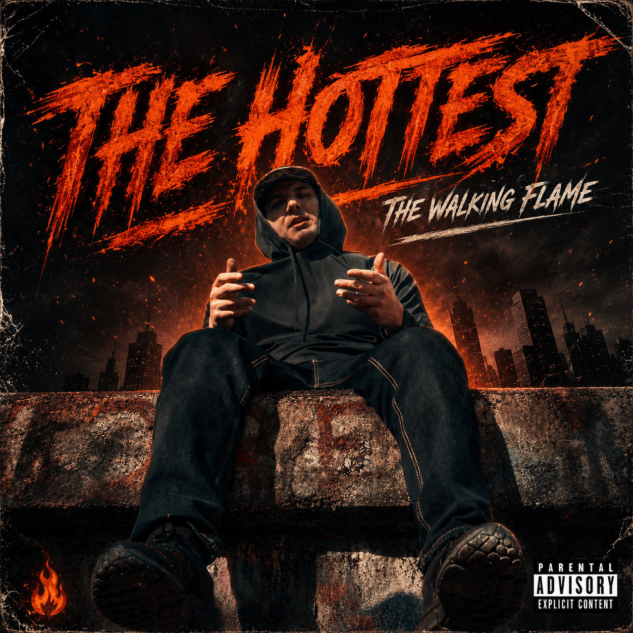 Person sitting on a ledge in front of a movie poster for 'The Hottest: The Walking Flame' with cityscape background.