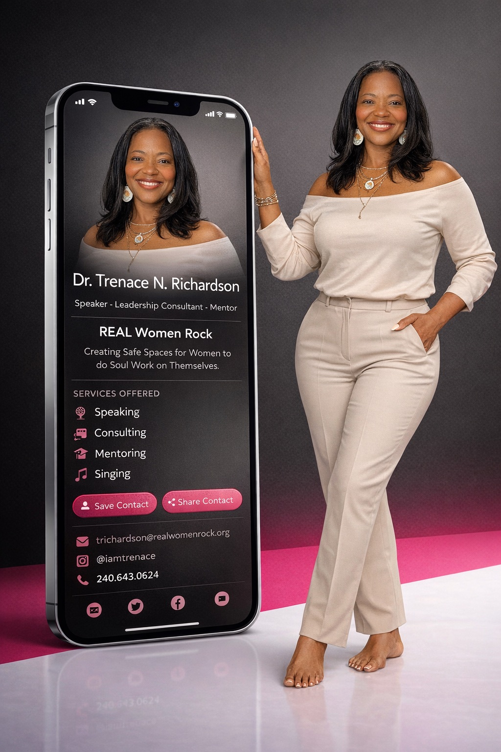 Woman in white outfit standing next to a large smartphone display showing her profile, smiling, with a pink and gray background.