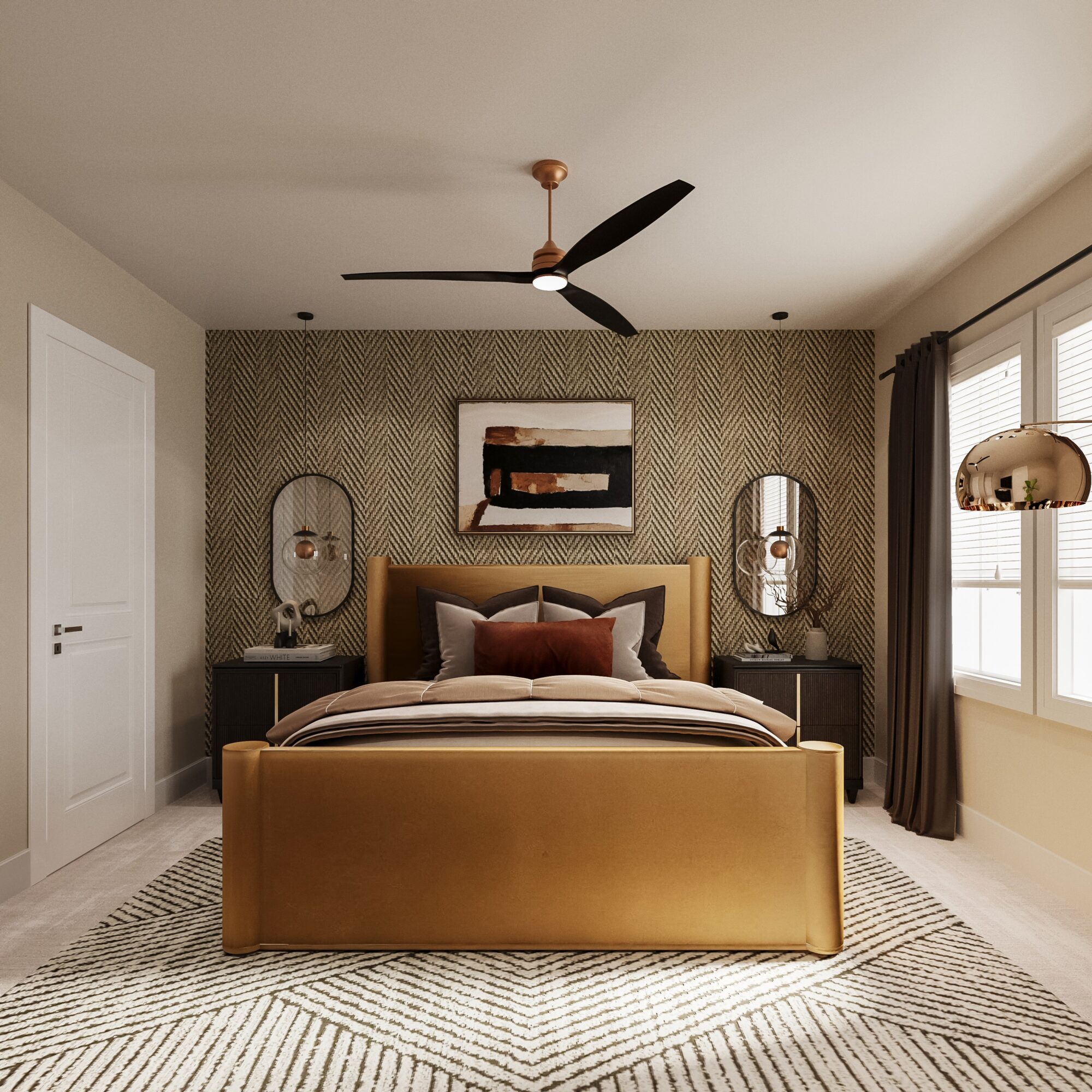 Bedroom with a bed, two nightstands, wall art, and windows with curtains, decorated in neutral tones.