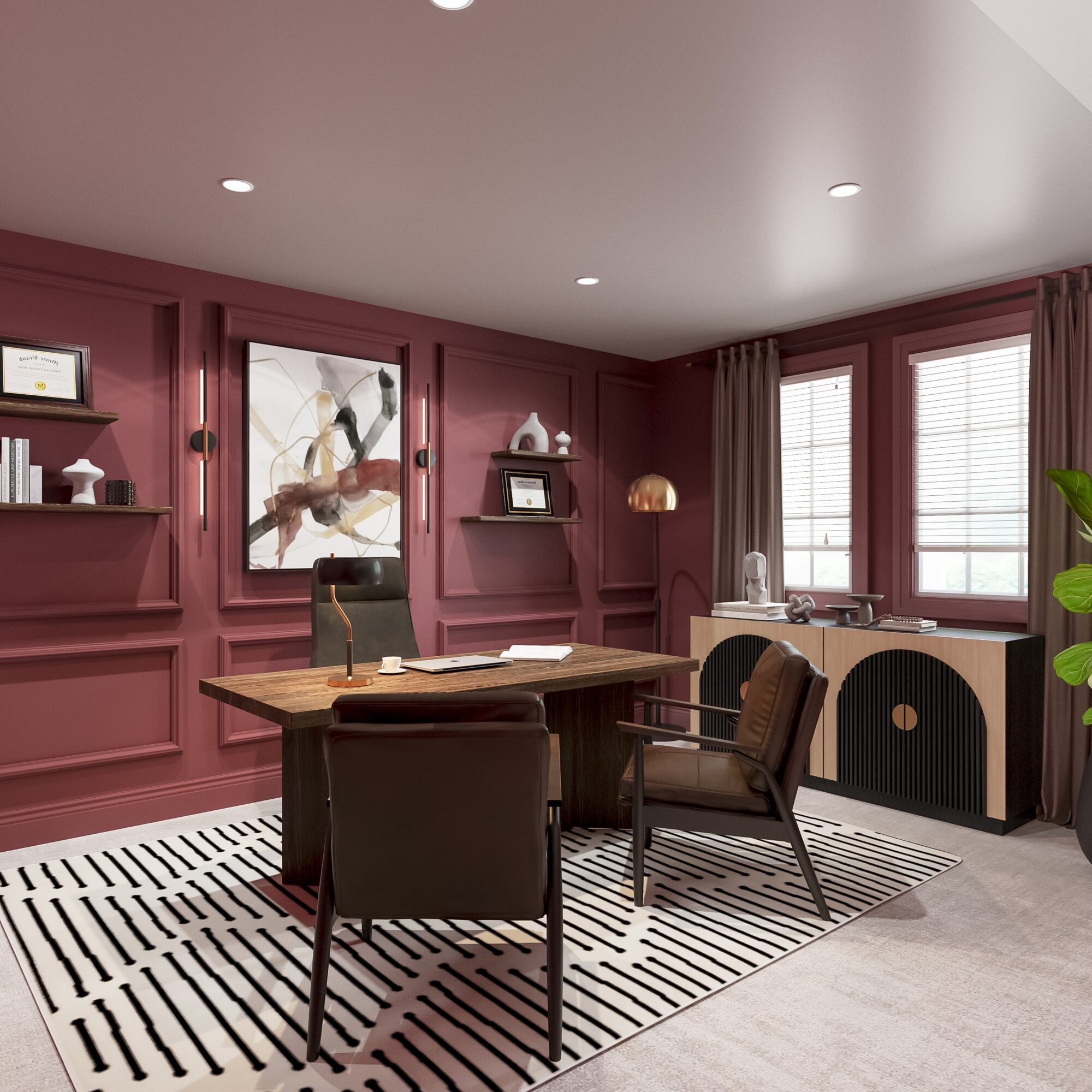Office room with maroon wall paneling, a wooden desk, four chairs, a striped rug, and windows with curtains.