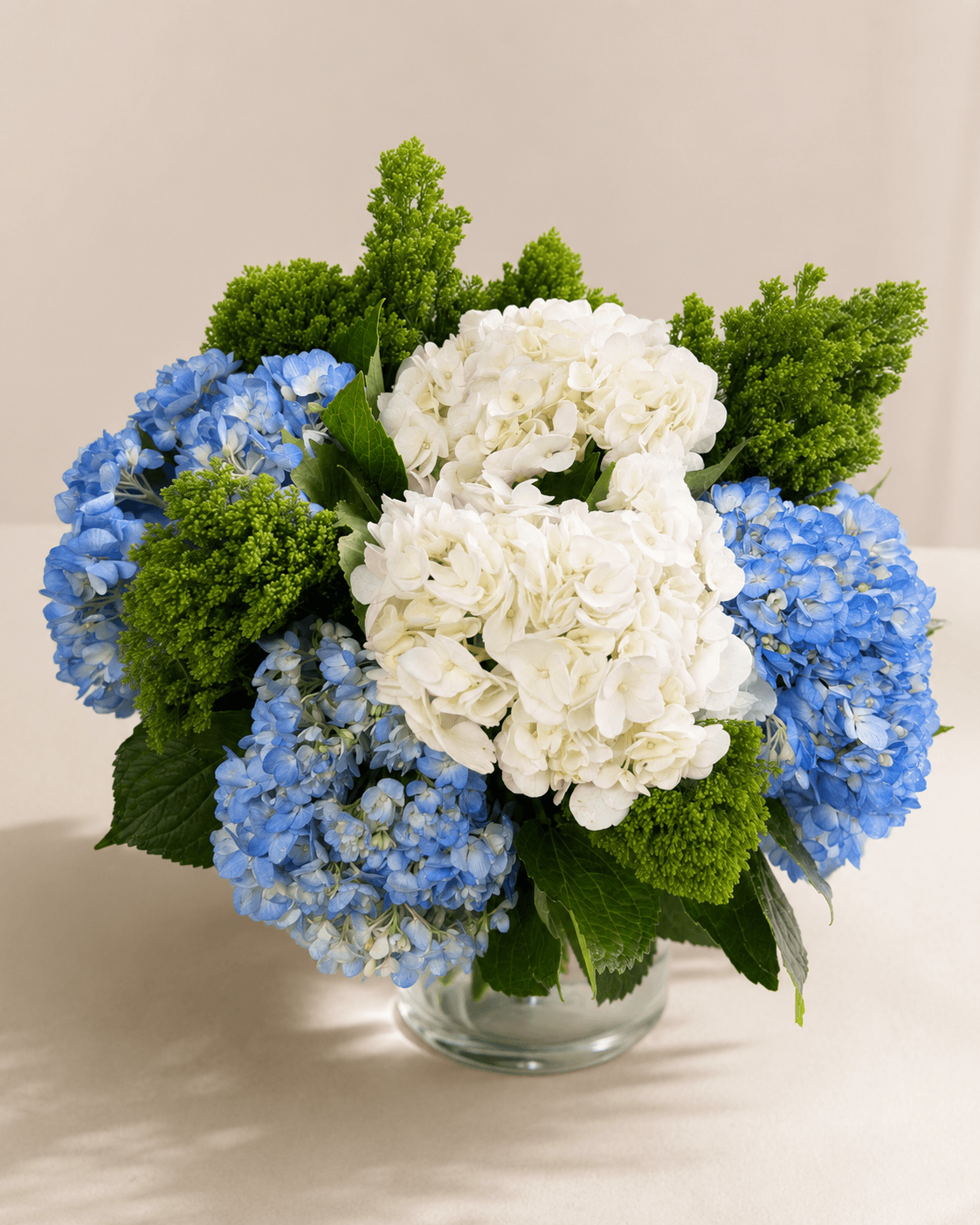 Bouquet of white and blue hydrangeas with green foliage in a glass vase, on a white surface.