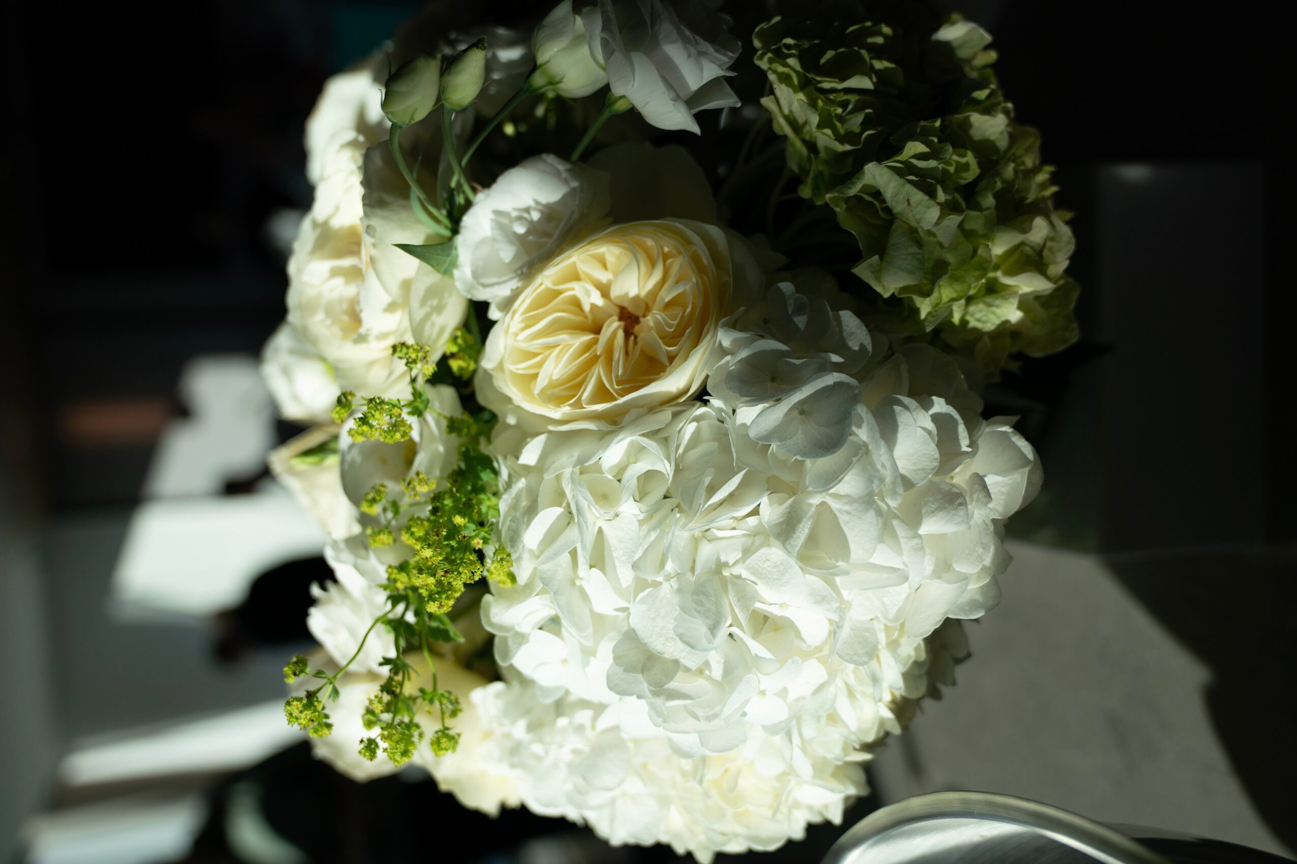 Bouquet of white and cream flowers with green leaves, illuminated by sunlight, on a dark background
