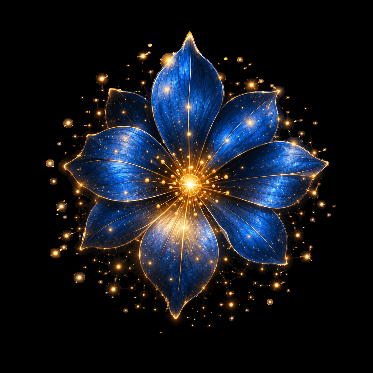 Blue flower with glowing golden accents and sparkles on a black background.