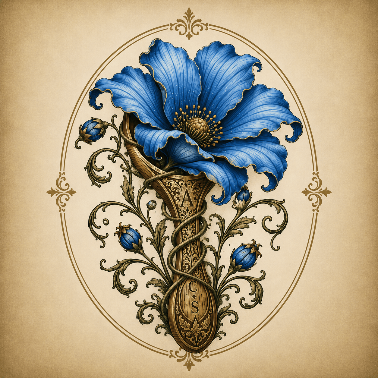 A blue flower with intricate gold and brown design elements, surrounded by decorative scrollwork and an oval frame.