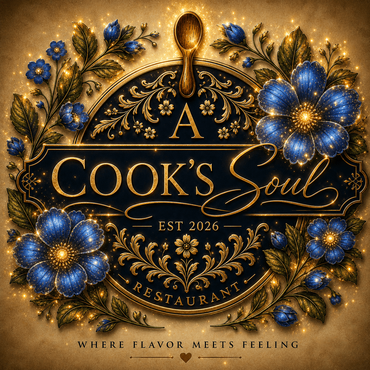 Decorative logo with blue flowers, gold accents, and text for Cook's Soul restaurant, established 2026, with floral design and spoon icon.