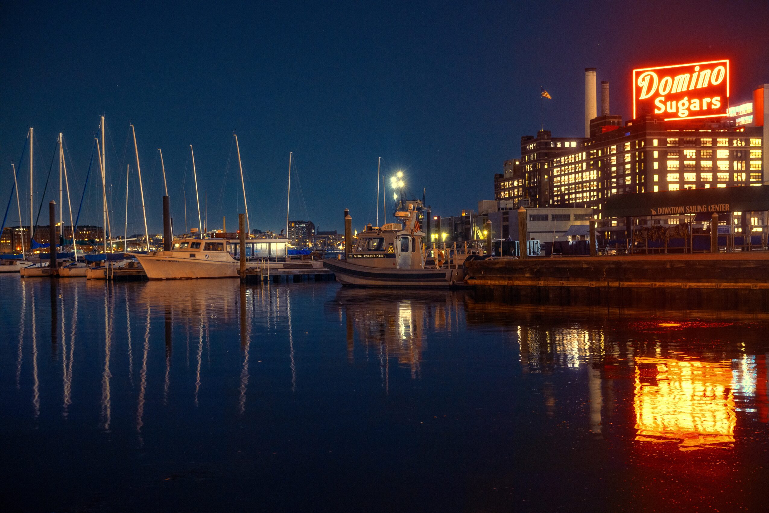 Night view of a marina with boats and a cityscape, including a lit Domino Sugars sign, reflected in water.