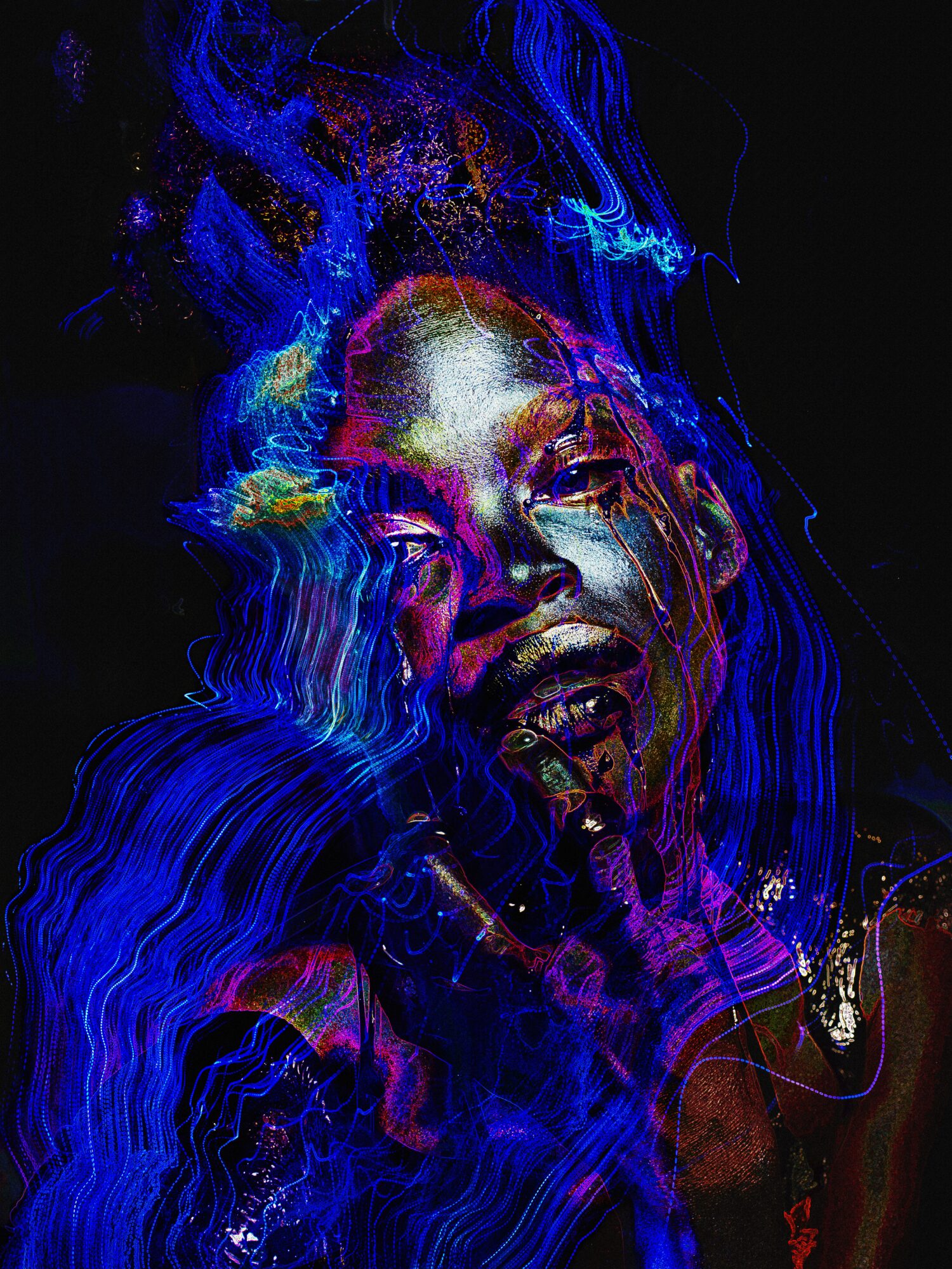 Abstract digital art of a person's face with vibrant blue, purple, and gold colors, swirling patterns, and a dark background.