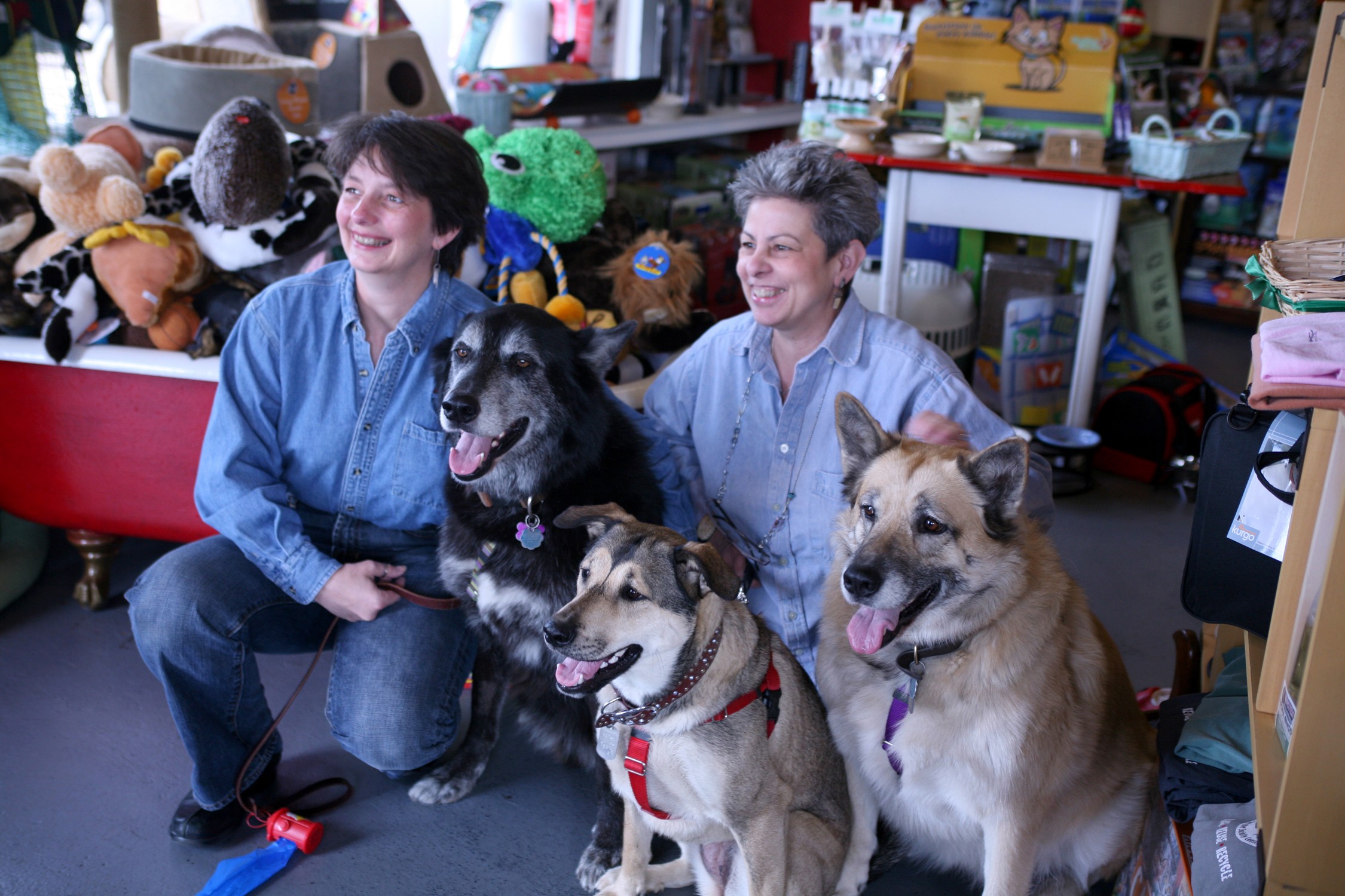 Two women and three dogs in a room filled with plush toys and shelves, smiling and sitting together.